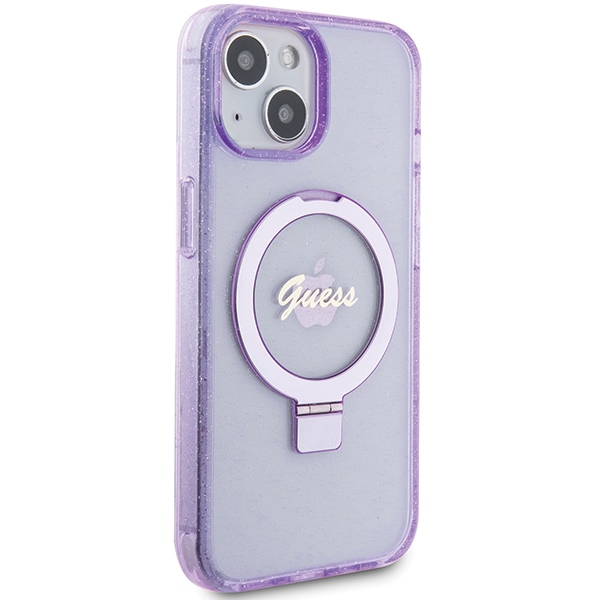 Guess GUHMP15MHRSGSU Purple Hardcase Ring Stand Script Glitter MagSafe Kryt iPhone 15 Plus