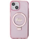 Guess GUHMP15SHRSGSP Pink Hardcase Ring Stand Script Glitter MagSafe Kryt iPhone 15