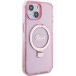 Guess GUHMP15SHRSGSP Pink Hardcase Ring Stand Script Glitter MagSafe Kryt iPhone 15