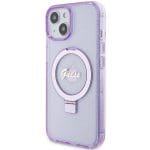 Guess GUHMP15SHRSGSU Purple Hardcase Ring Stand Script Glitter MagSafe Kryt iPhone 15