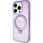 Guess GUHMP15XHRSGSU Purple Hardcase Ring Stand Script Glitter MagSafe Kryt iPhone 15 Pro Max