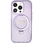 Guess GUHMP15XHRSGSU Purple Hardcase Ring Stand Script Glitter MagSafe Kryt iPhone 15 Pro Max