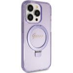 Guess GUHMP15XHRSGSU Purple Hardcase Ring Stand Script Glitter MagSafe Kryt iPhone 15 Pro Max