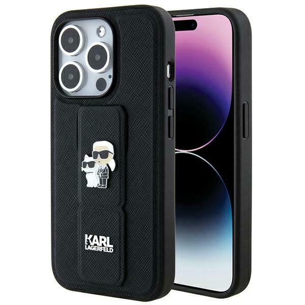 Karl Lagerfeld KLHCP14XGSAKCPK Black Hardcase Gripstand Saffiano Karl&Choupette Pins Kryt iPhone 14 Pro Max