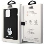 Karl Lagerfeld KLHCP15LSMHCNPK Black Silicone Choupette Metal Pin Kryt iPhone 15 Pro