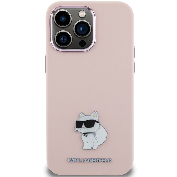 Karl Lagerfeld KLHCP15LSMHCNPP Pink Silicone Choupette Metal Pin Kryt iPhone 15 Pro