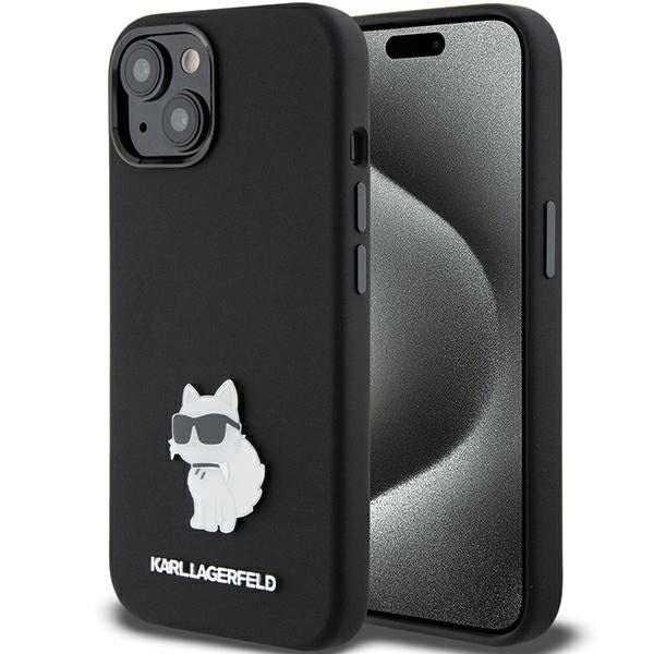 Karl Lagerfeld KLHCP15SSMHCNPK Black Silicone Choupette Metal Pin Kryt iPhone 15