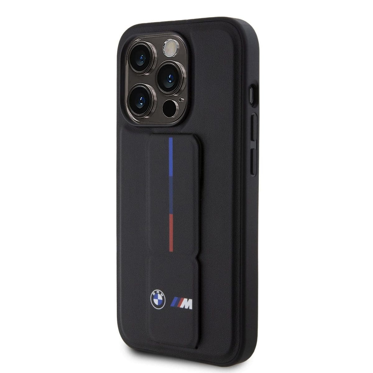 BMW M Collection PU Grip Stand Tricolor Line Black Kryt iPhone 15 Pro