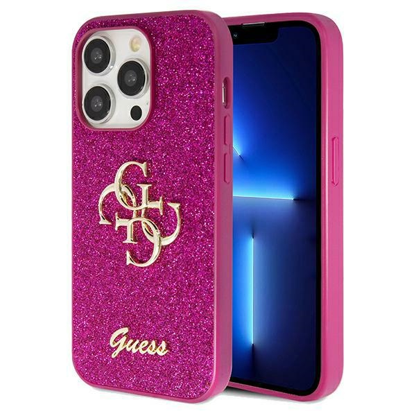 Guess GUHCP15LHG4SGU Purple Hardcase Glitter Script Big 4G Kryt iPhone 15 Pro