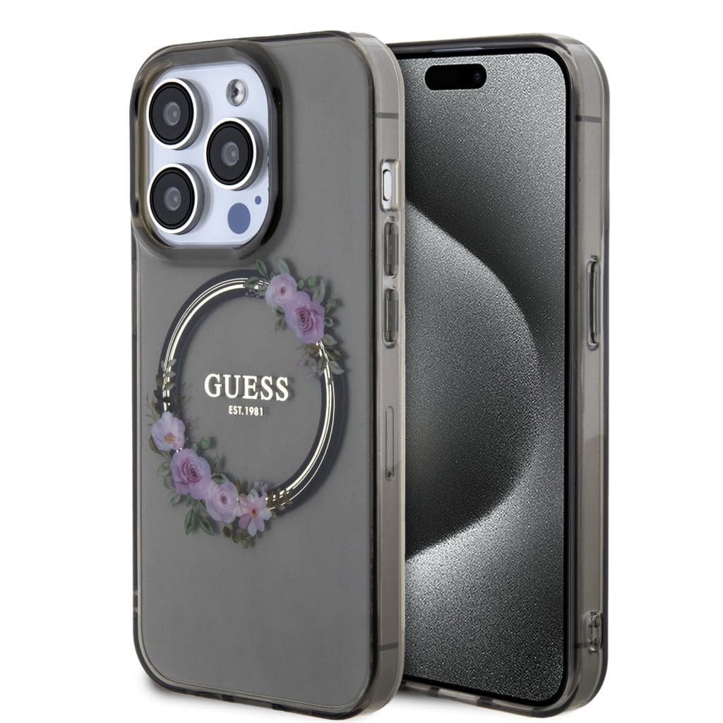 Guess PC/TPU Flowers Ring Glossy Logo MagSafe Black Kryt iPhone 13 Pro