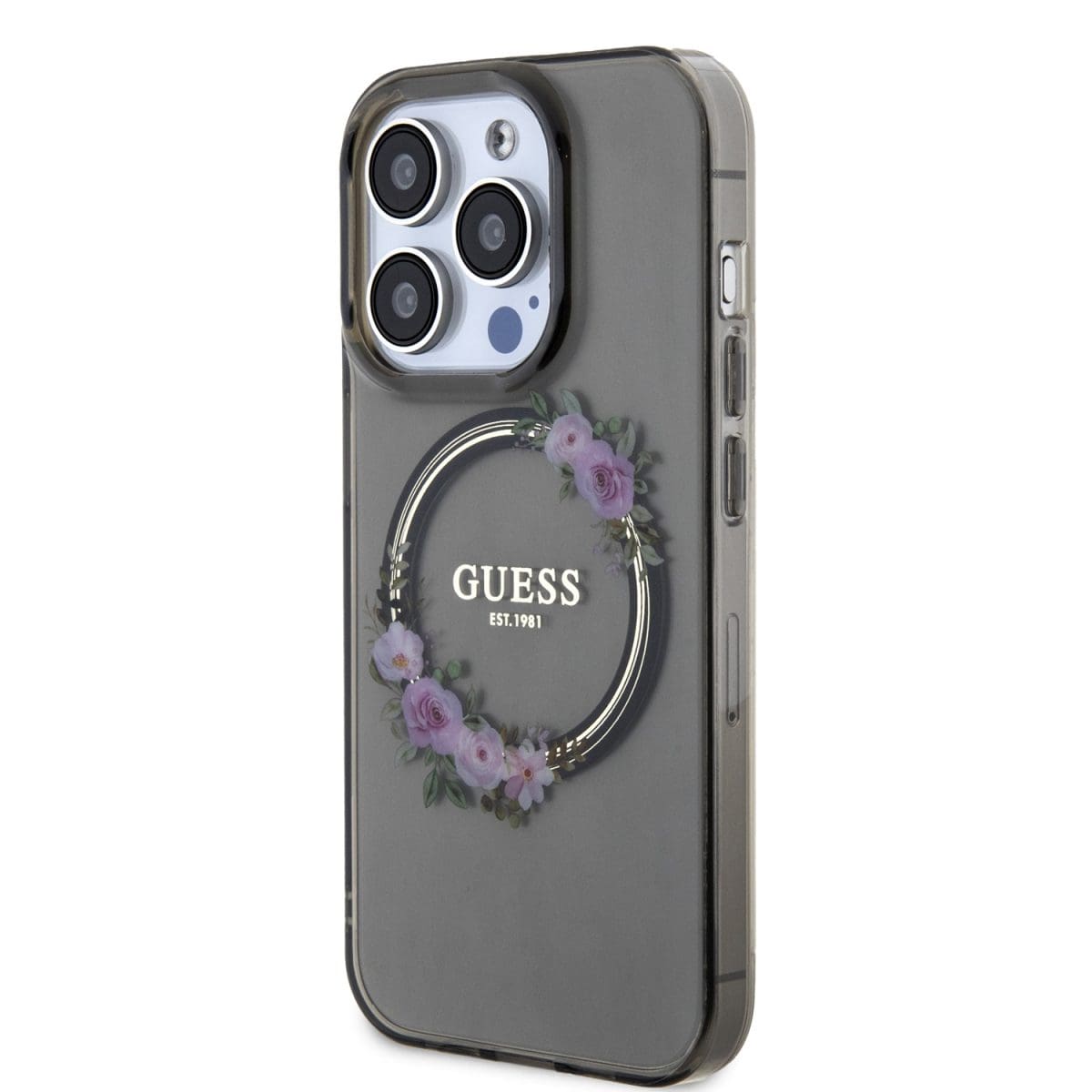 Guess PC/TPU Flowers Ring Glossy Logo MagSafe Black Kryt iPhone 14 Pro