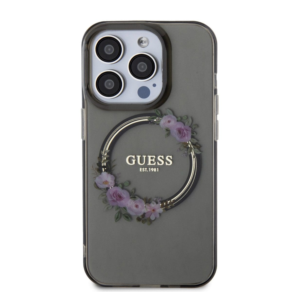 Guess PC/TPU Flowers Ring Glossy Logo MagSafe Black Kryt iPhone 14 Pro