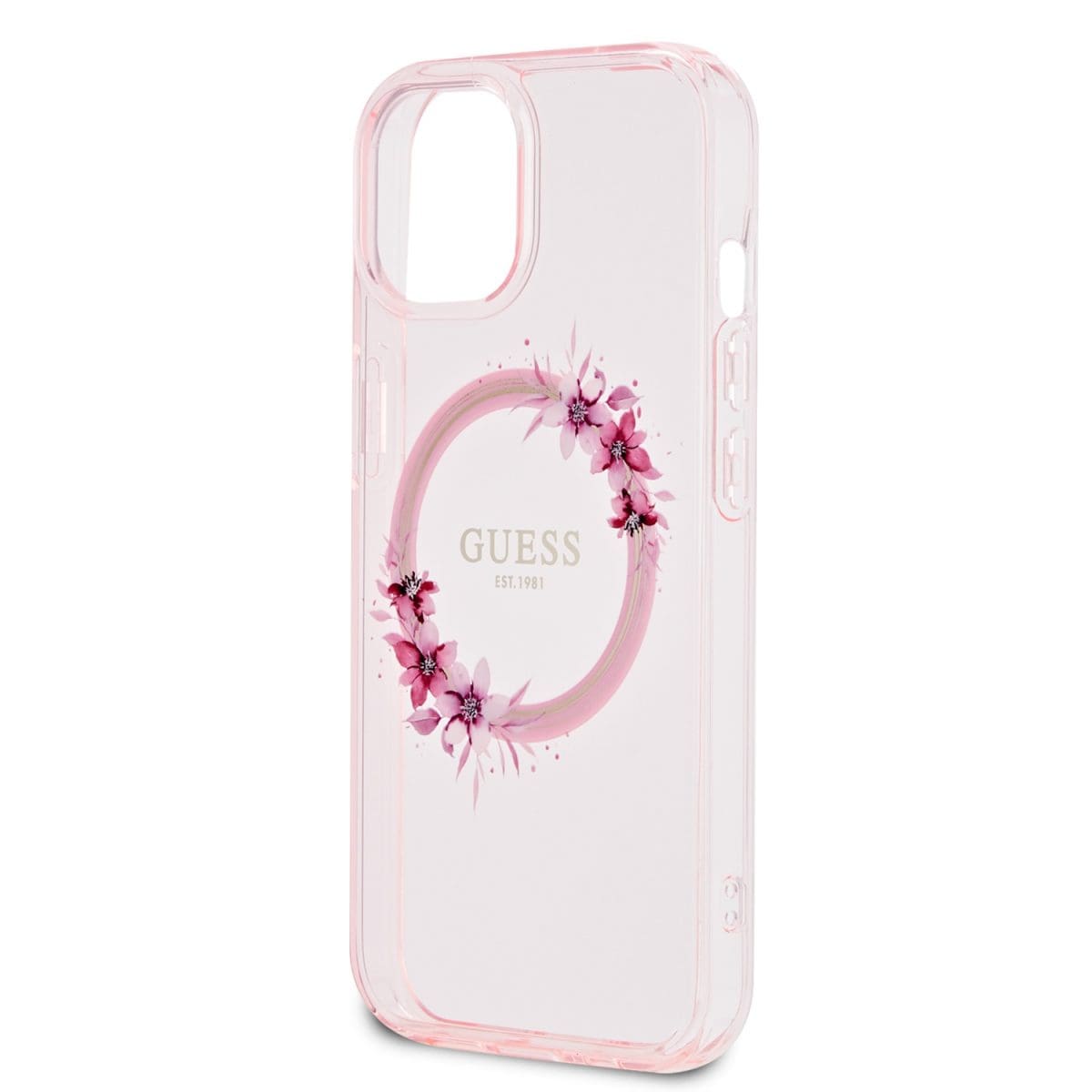 Guess PC/TPU Flowers Ring Glossy Logo MagSafe Pink Kryt iPhone 15