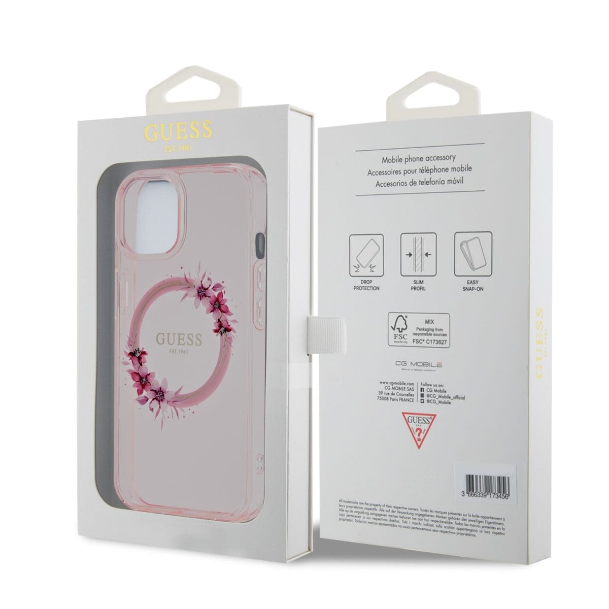 Guess PC/TPU Flowers Ring Glossy Logo MagSafe Pink Kryt iPhone 15