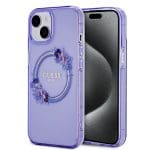 Guess PC/TPU Flowers Ring Glossy Logo MagSafe Purple Kryt iPhone 15