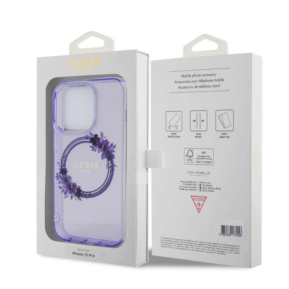 Guess PC/TPU Flowers Ring Glossy Logo MagSafe Purple Kryt iPhone 15 Pro