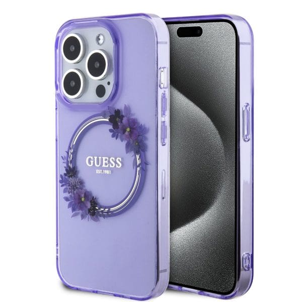 Guess PC/TPU Flowers Ring Glossy Logo MagSafe Purple Kryt iPhone 15 Pro