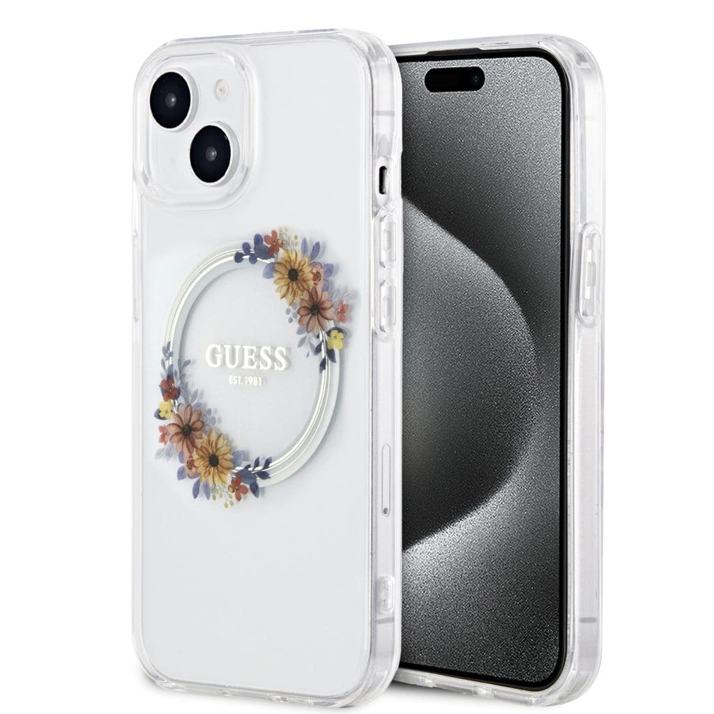 Guess PC/TPU Flowers Ring Glossy Logo MagSafe Transparent Kryt iPhone 13