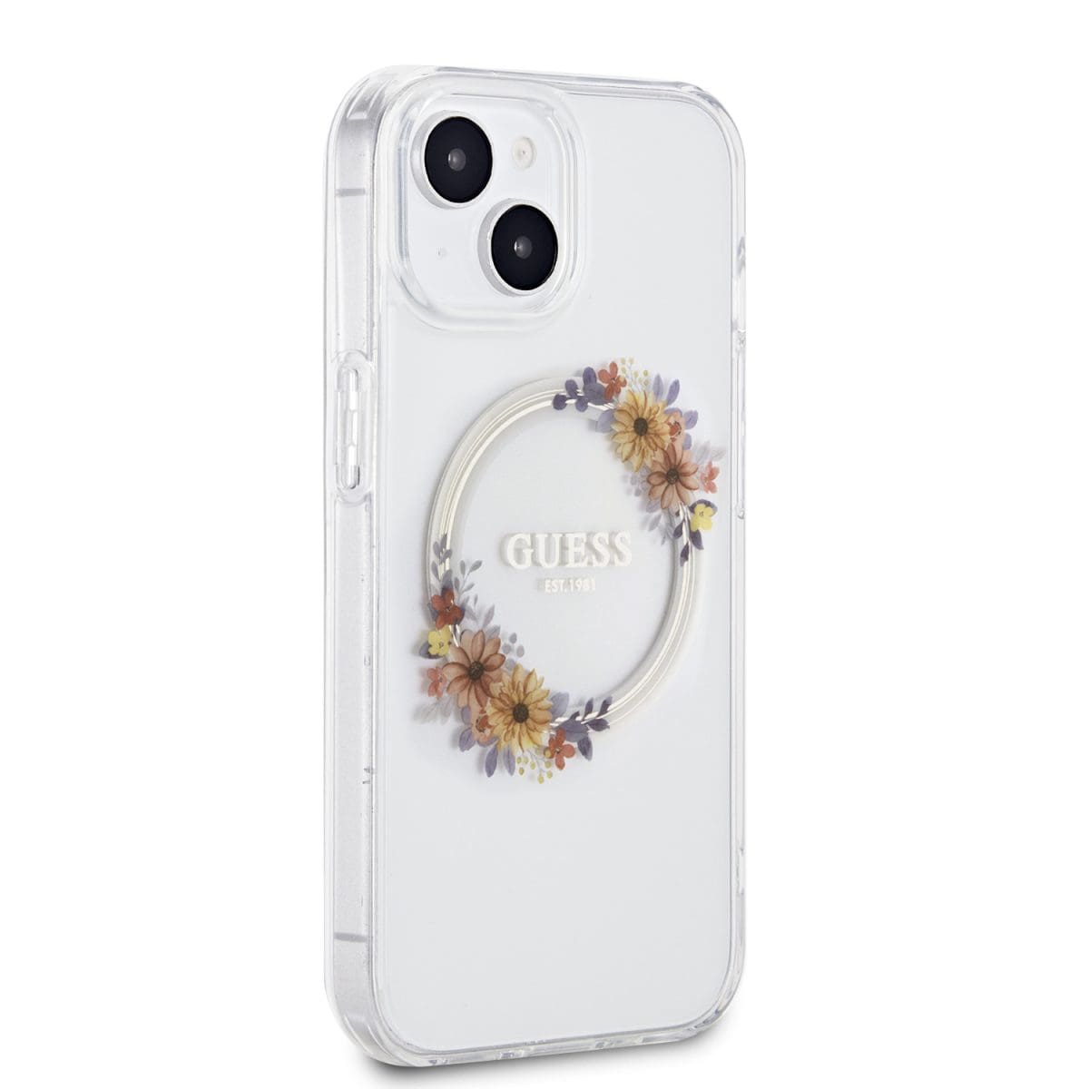 Guess PC/TPU Flowers Ring Glossy Logo MagSafe Transparent Kryt iPhone 15