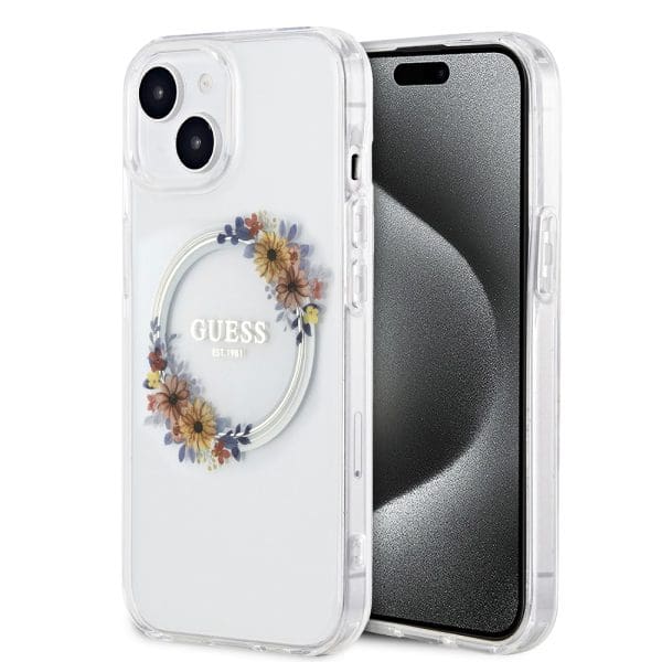 Guess PC/TPU Flowers Ring Glossy Logo MagSafe Transparent Kryt iPhone 15 Plus