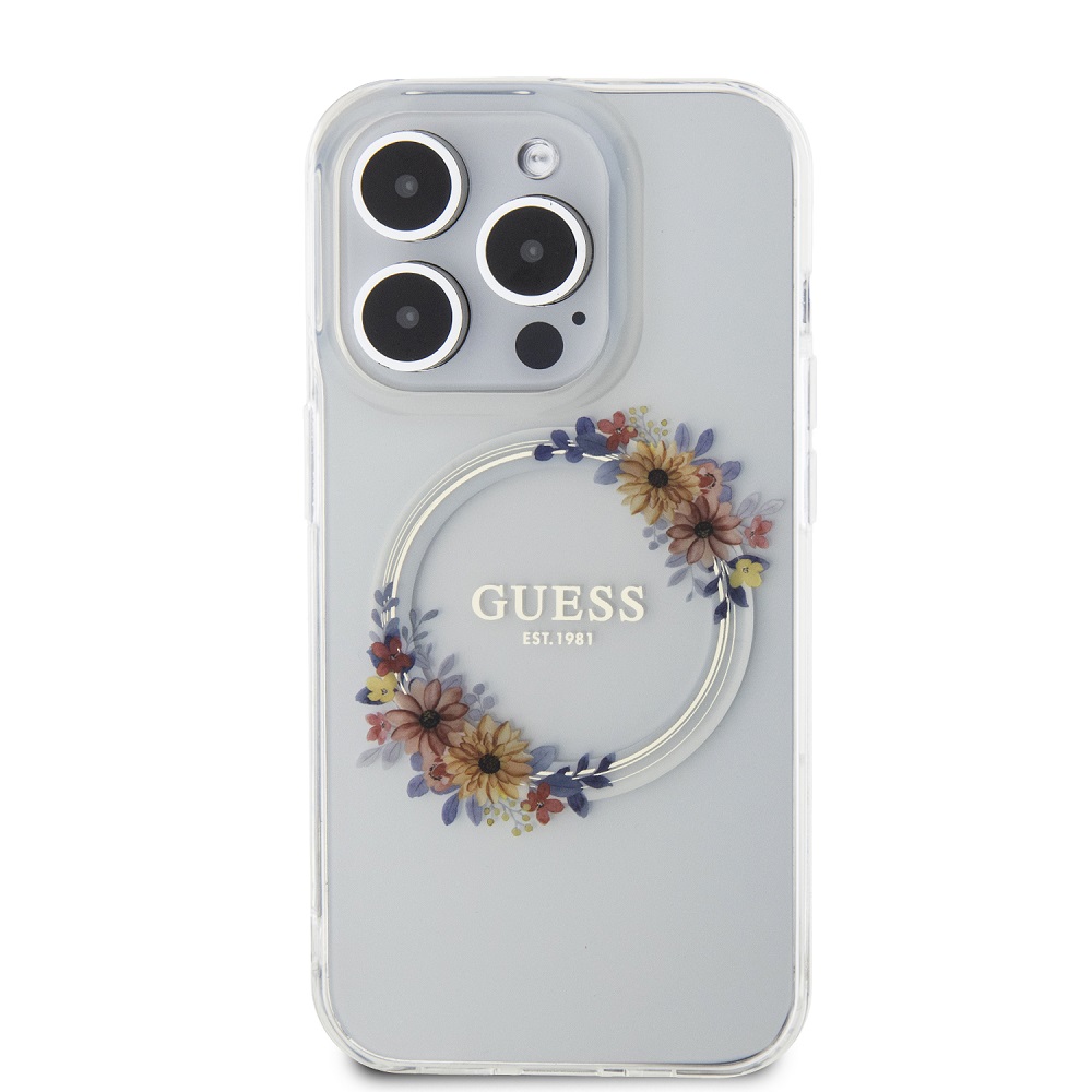 Guess PC/TPU Flowers Ring Glossy Logo MagSafe Transparent Kryt iPhone 15 Pro Max