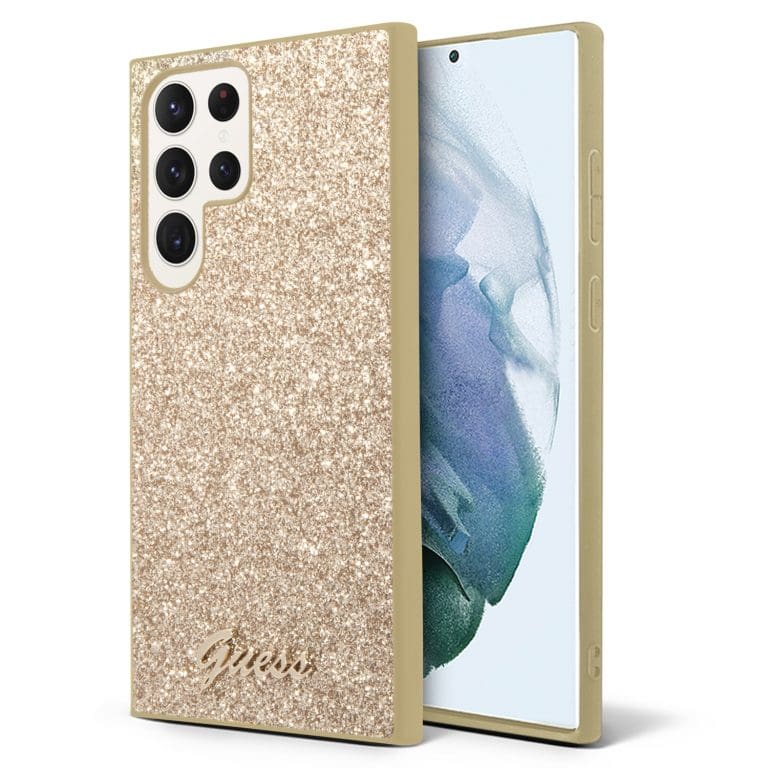 Guess PC/TPU Glitter Flakes Metal Logo Gold Kryt Samsung Galaxy S24 Ultra