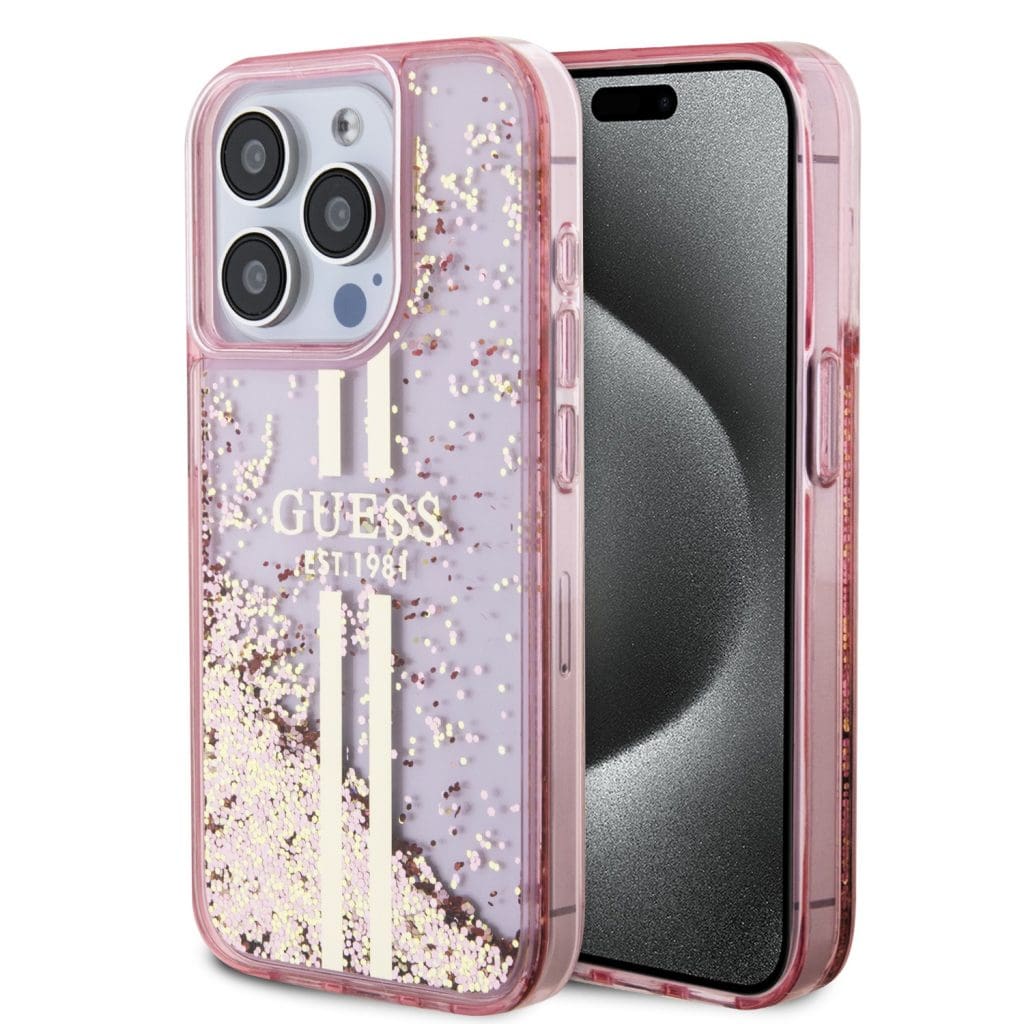 Guess PC/TPU Liquid Glitter Gold Stripe Pink Kryt iPhone 15 Pro