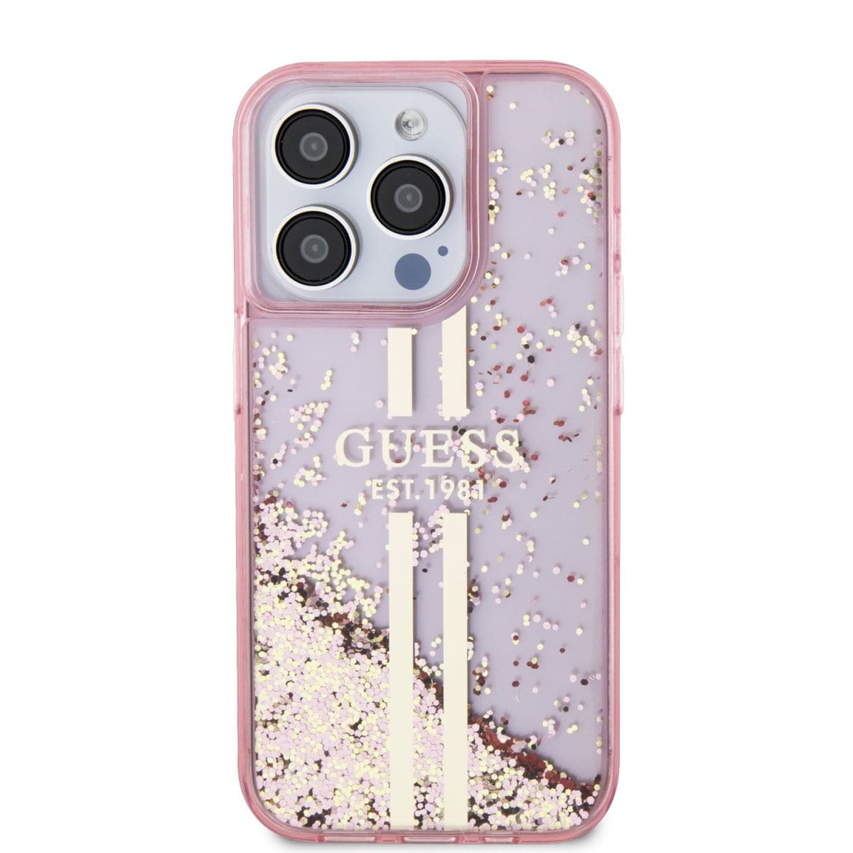 Guess PC/TPU Liquid Glitter Gold Stripe Pink Kryt iPhone 15 Pro