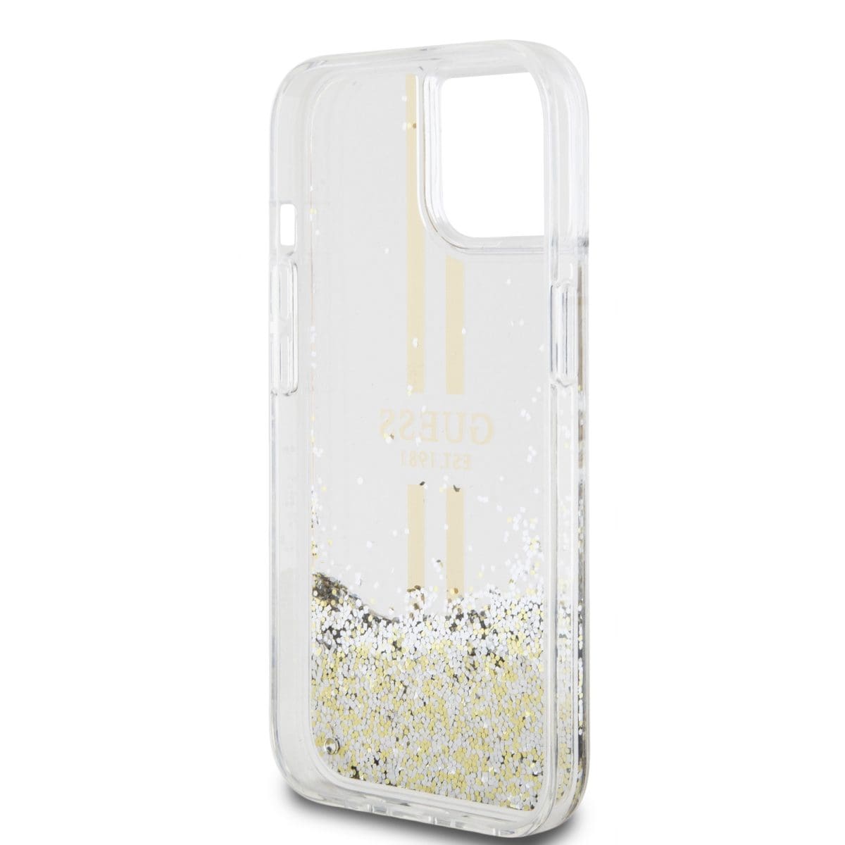 Guess PC/TPU Liquid Glitter Gold Stripe Transparent Kryt iPhone 15