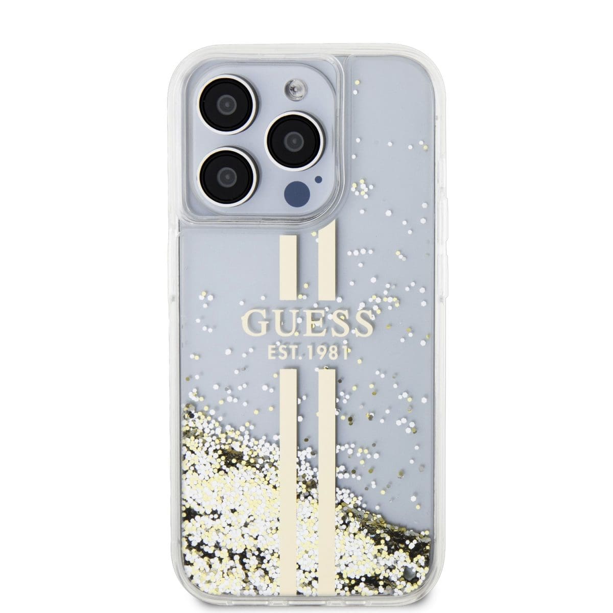 Guess PC/TPU Liquid Glitter Gold Stripe Transparent Kryt iPhone 15 Pro
