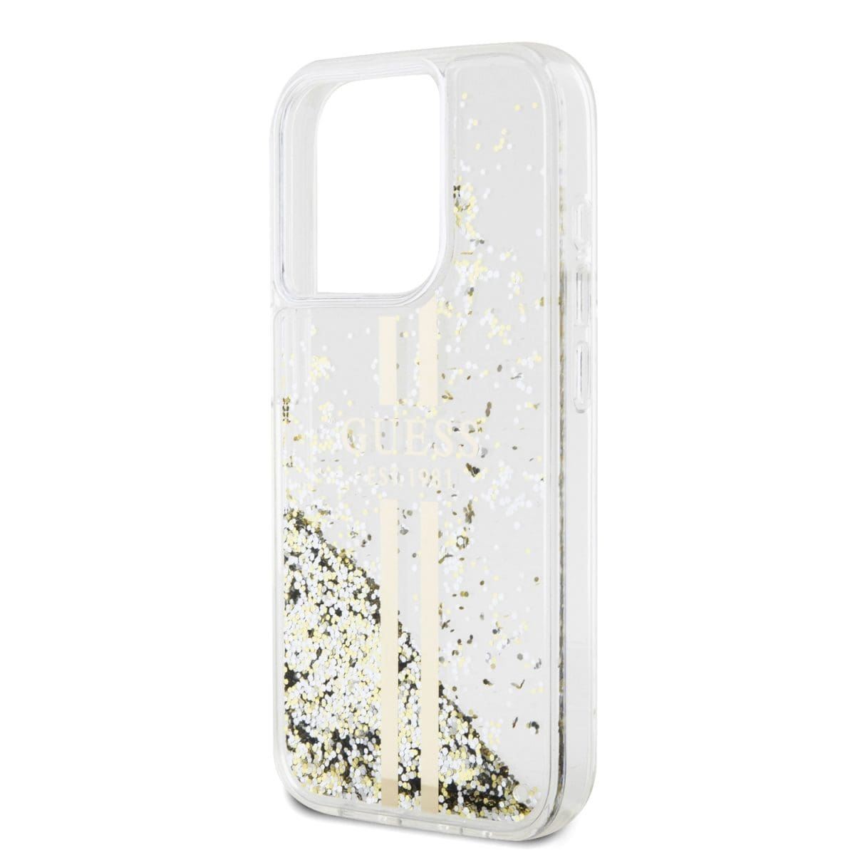 Guess PC/TPU Liquid Glitter Gold Stripe Transparent Kryt iPhone 15 Pro