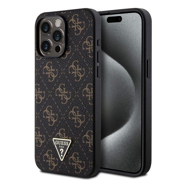 Guess PU Leather 4G Triangle Metal Logo Black Kryt iPhone 15 Pro Max