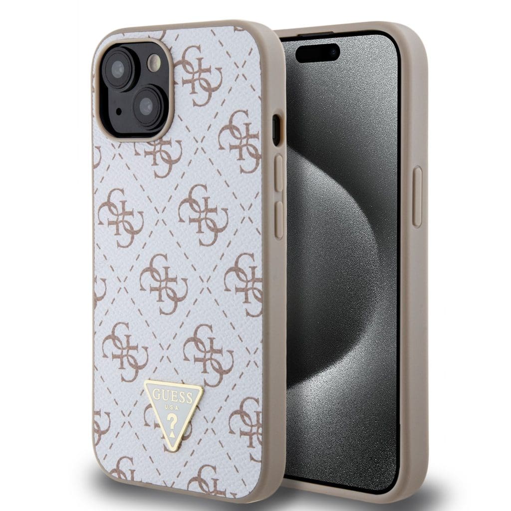 Guess PU Leather 4G Triangle Metal Logo White Kryt iPhone 15