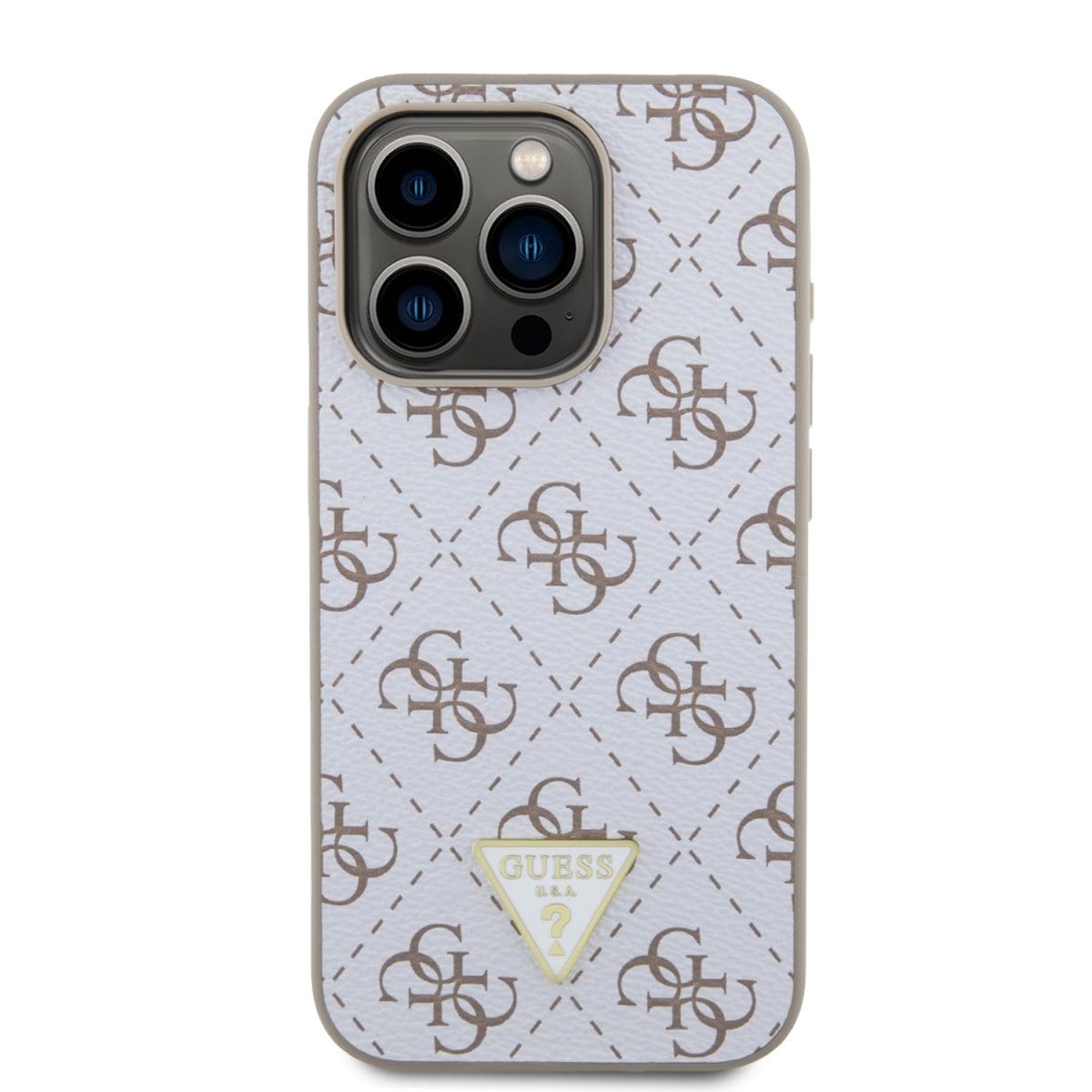 Guess PU Leather 4G Triangle Metal Logo White Kryt iPhone 15 Pro