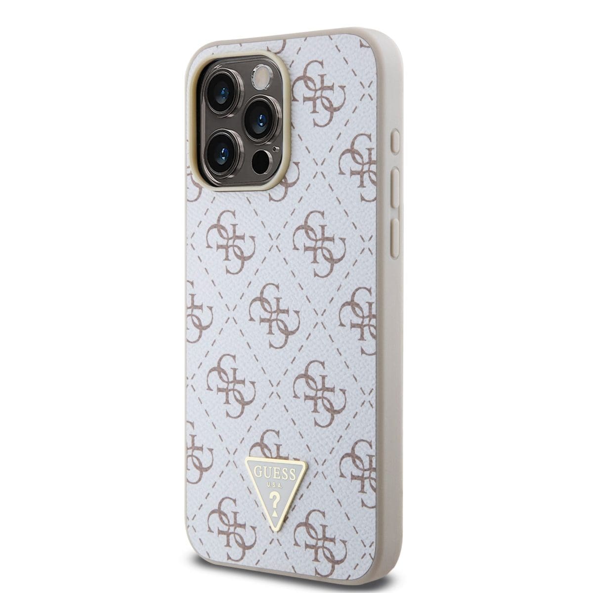 Guess PU Leather 4G Triangle Metal Logo White Kryt iPhone 15 Pro Max