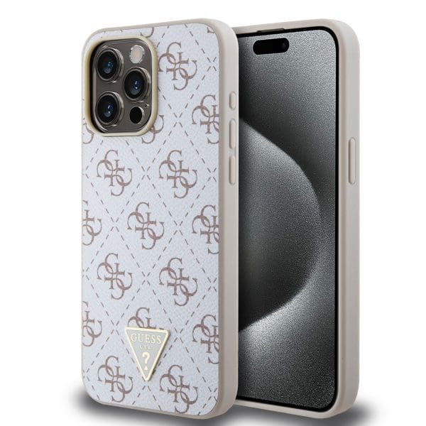 Guess PU Leather 4G Triangle Metal Logo White Kryt iPhone 15 Pro Max