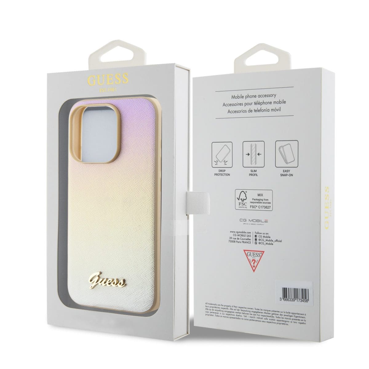 Guess PU Leather Iridescent Metal Script Gold Kryt iPhone 15 Pro