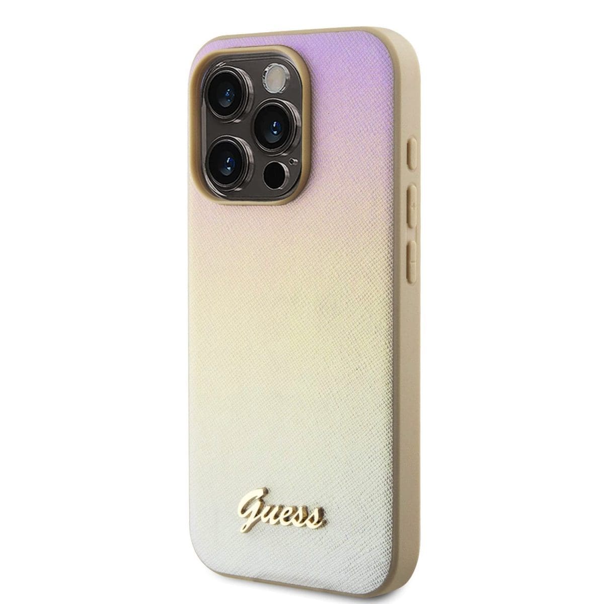 Guess PU Leather Iridescent Metal Script Gold Kryt iPhone 15 Pro Max