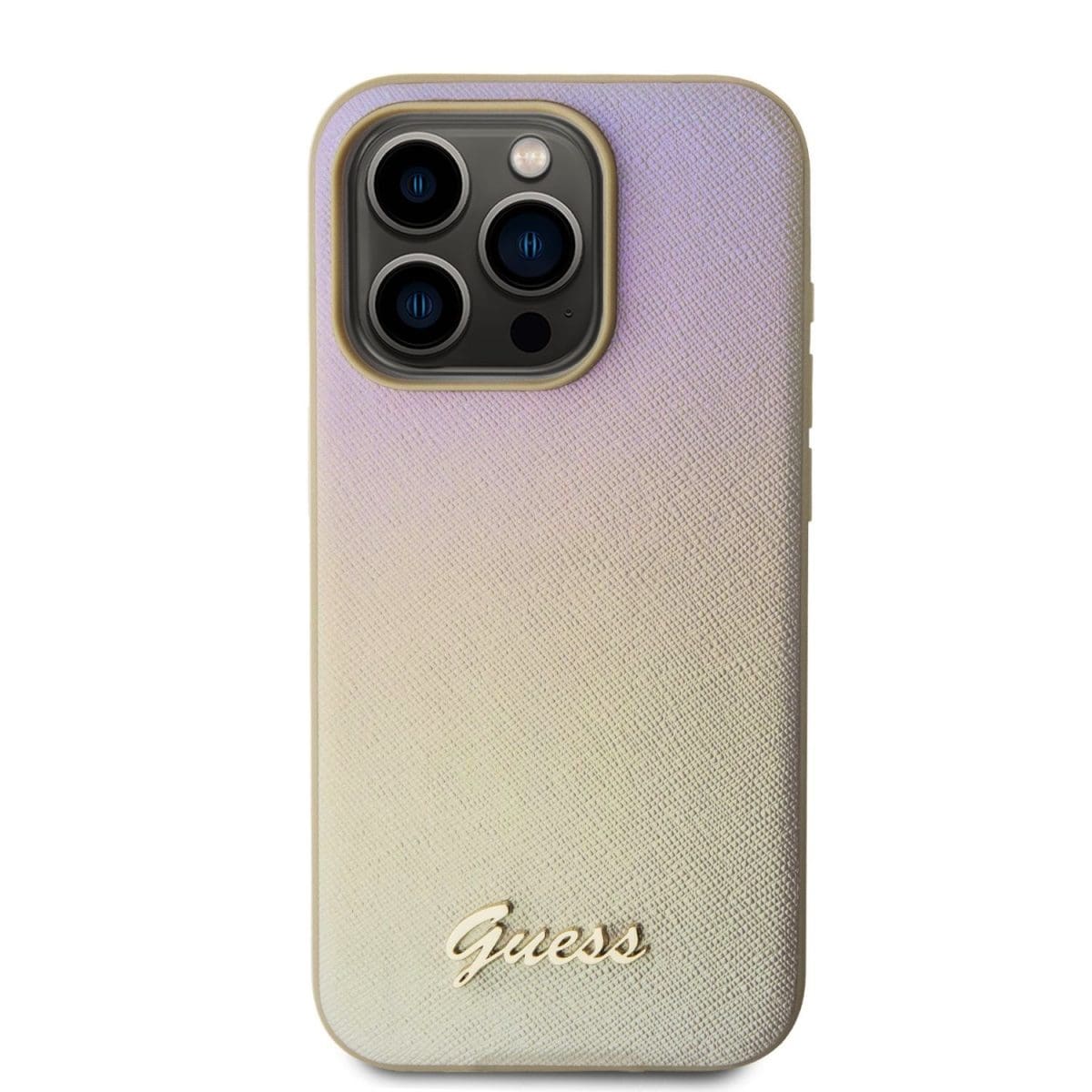 Guess PU Leather Iridescent Metal Script Gold Kryt iPhone 15 Pro Max