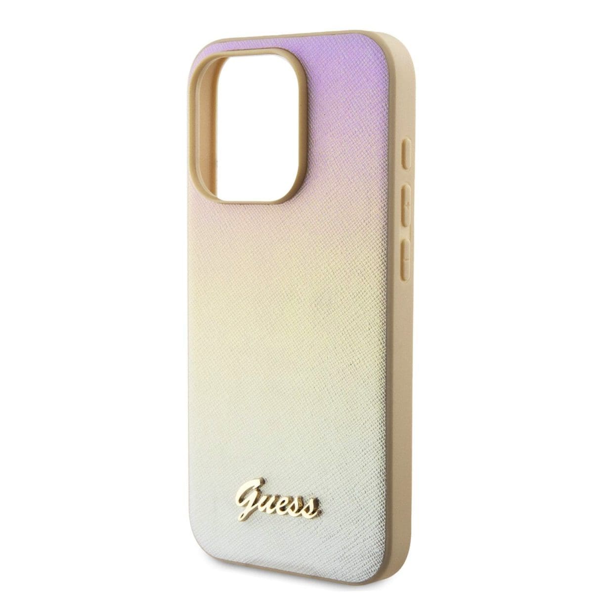 Guess PU Leather Iridescent Metal Script Gold Kryt iPhone 15 Pro Max