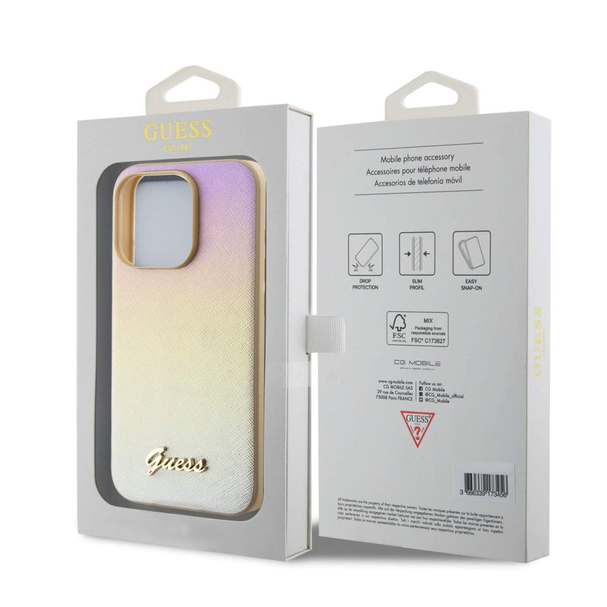 Guess PU Leather Iridescent Metal Script Gold Kryt iPhone 15 Pro Max