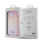 Guess PU Leather Iridescent Metal Script Pink Kryt iPhone 15