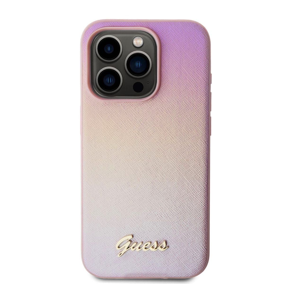Guess PU Leather Iridescent Metal Script Pink Kryt iPhone 15 Pro Max