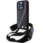 BMW BMHCP15L23PSVTK Black Hardcase M Edition Carbon Tricolor Lines & Strap Kryt iPhone 15 Pro