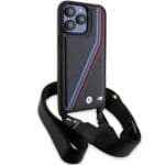 BMW BMHCP15L23PSVTK Black Hardcase M Edition Carbon Tricolor Lines & Strap Kryt iPhone 15 Pro