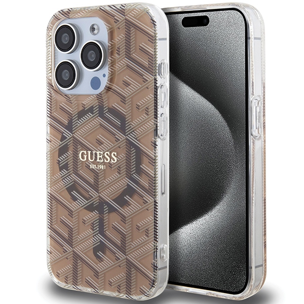 Guess GUHMP15LHGCUSTGW Brown HardCase IML GCube MagSafe Kryt iPhone 15 Pro