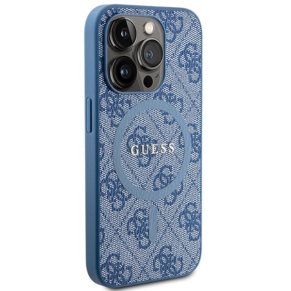 Guess GUHMP15XG4GFRB Blue HardCase 4G Collection Leather Metal Logo MagSafe Kryt iPhone 15 Pro Max