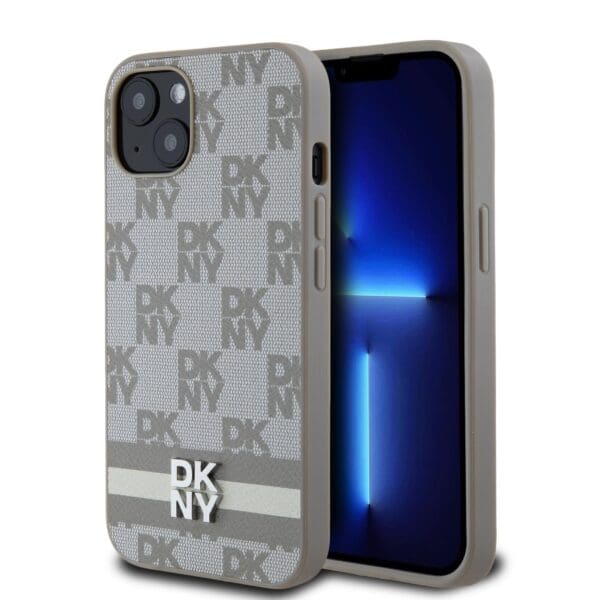 DKNY PU Leather Checkered Pattern and Stripe Beige Kryt iPhone 13