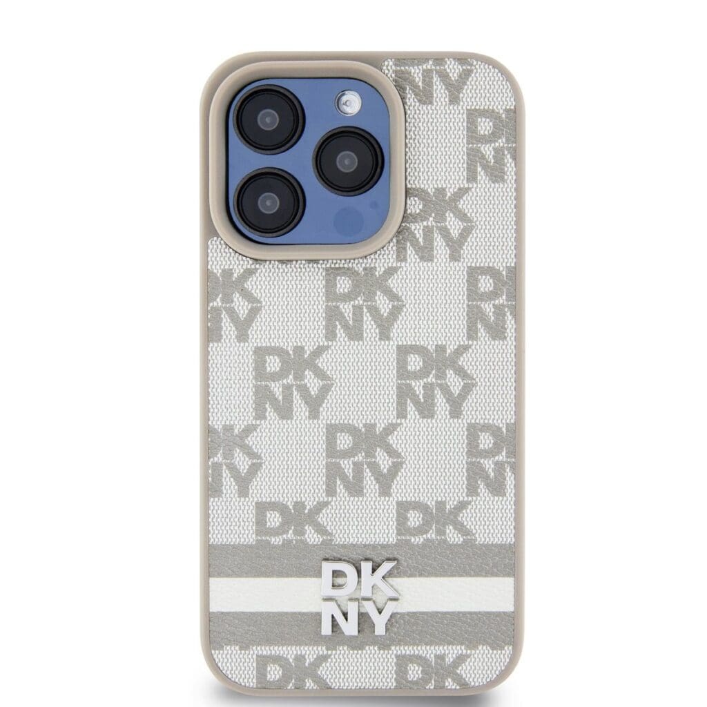 DKNY PU Leather Checkered Pattern and Stripe Beige Kryt iPhone 13 Pro Max