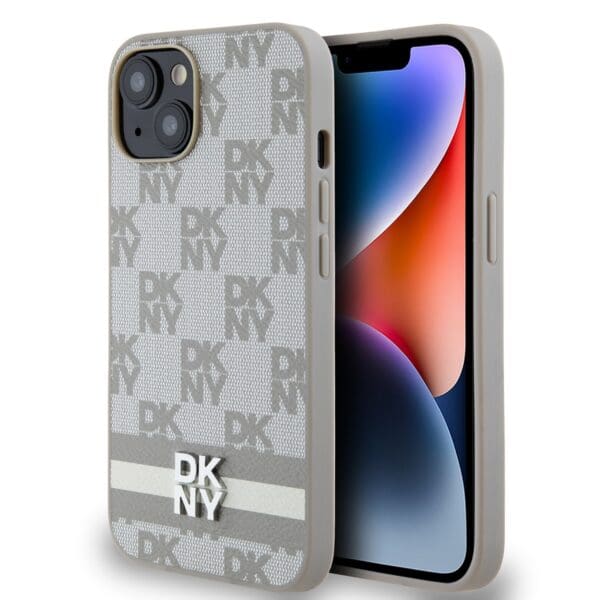 DKNY PU Leather Checkered Pattern and Stripe Beige Kryt iPhone 14